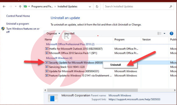 Security update for Microsoft Windows (KB5005565) , error 0x0000011b 