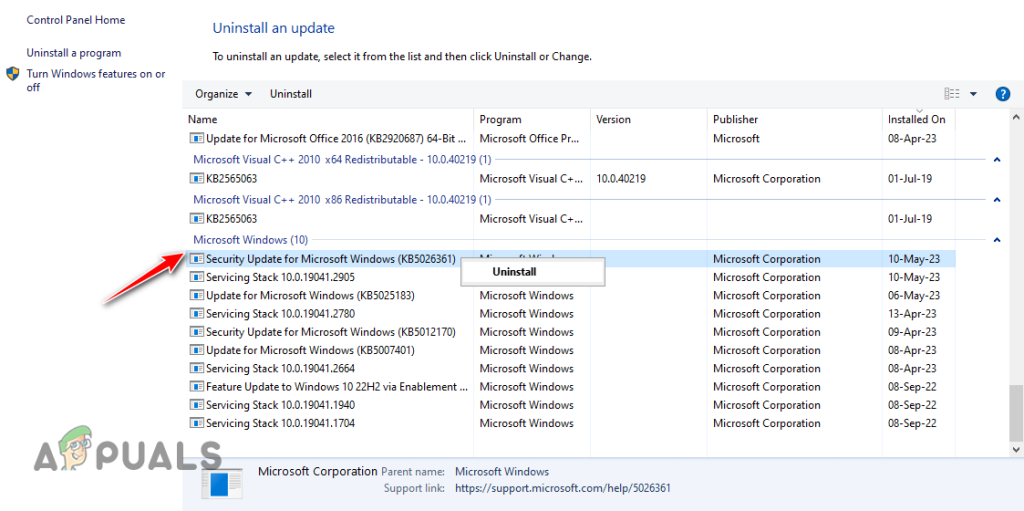 Uninstalling the most recent Windows update